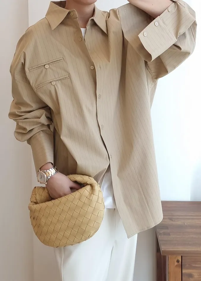 Women The Frankie Shop Tops Conrad Button Up Shirt Beige Pinstripe