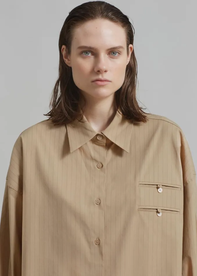 Women The Frankie Shop Tops Conrad Button Up Shirt Beige Pinstripe