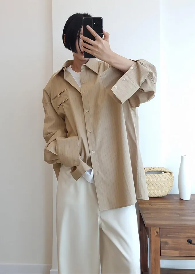 Women The Frankie Shop Tops Conrad Button Up Shirt Beige Pinstripe
