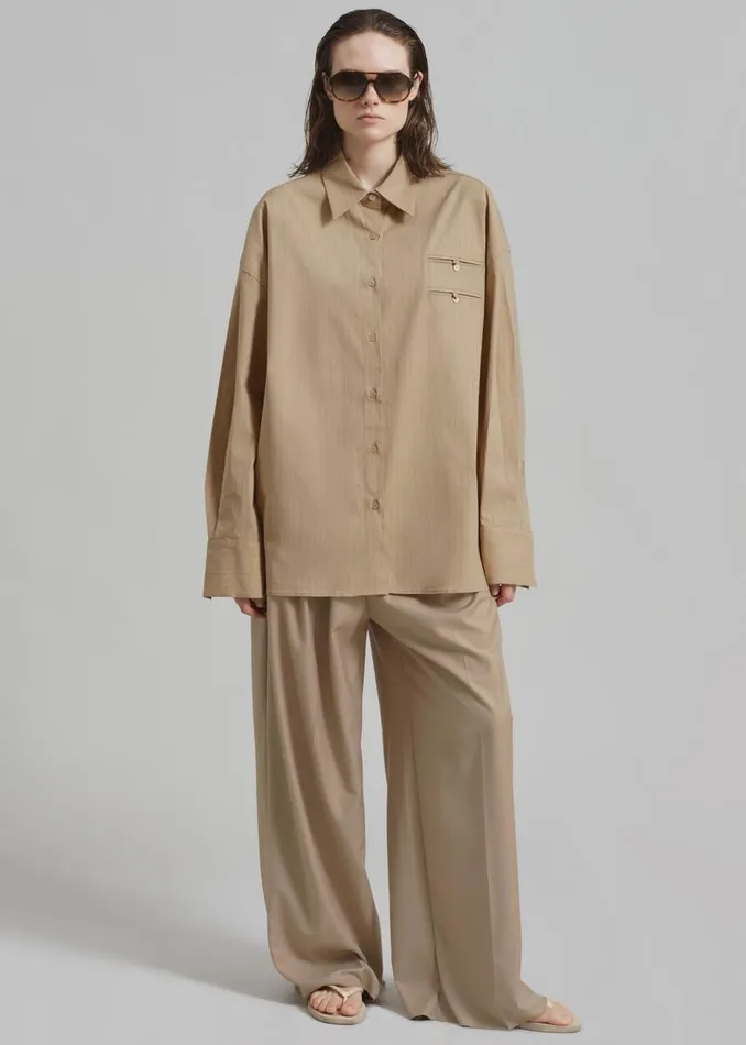 Women The Frankie Shop Tops Conrad Button Up Shirt Beige Pinstripe