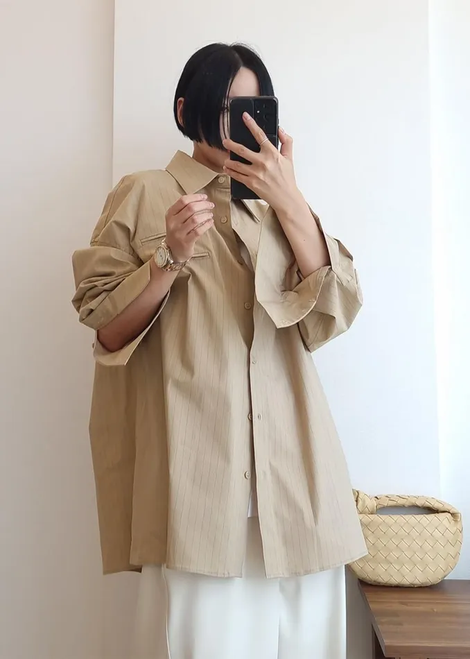 Women The Frankie Shop Tops Conrad Button Up Shirt Beige Pinstripe