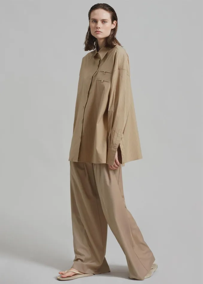 Women The Frankie Shop Tops Conrad Button Up Shirt Beige Pinstripe