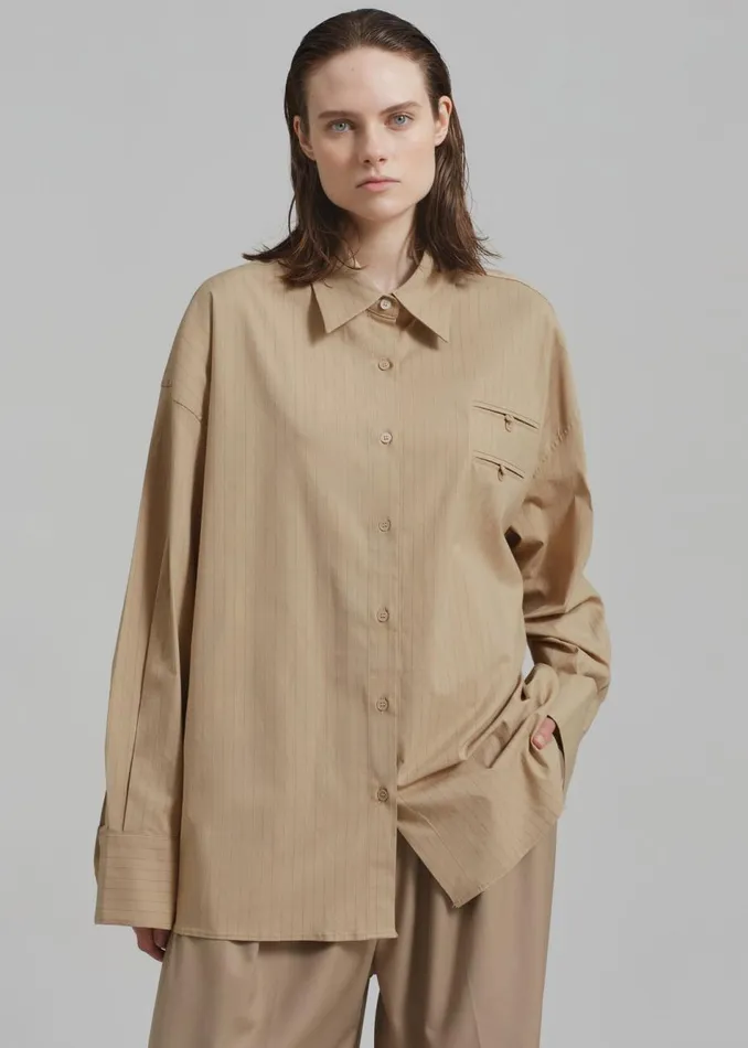Women The Frankie Shop Tops Conrad Button Up Shirt Beige Pinstripe
