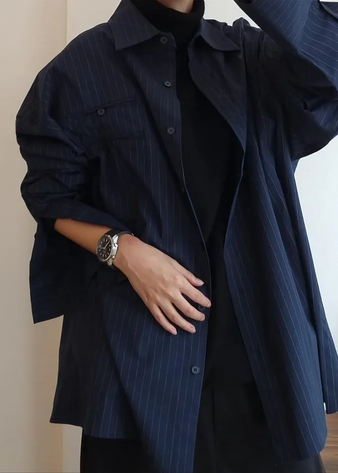Women The Frankie Shop Tops Conrad Button Up Shirt Navy Pinstripe