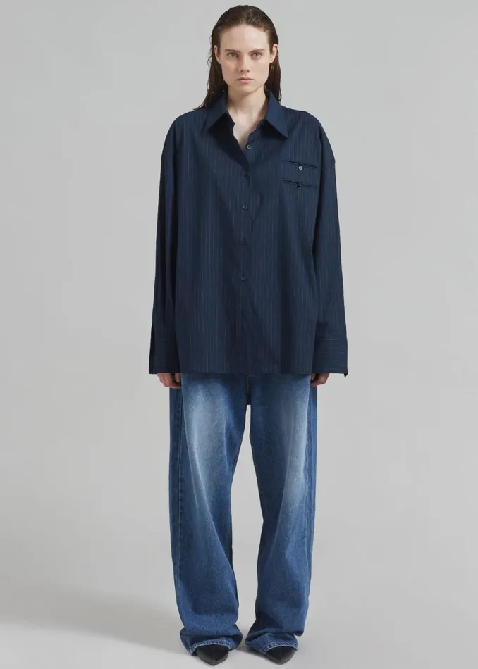 Women The Frankie Shop Tops Conrad Button Up Shirt Navy Pinstripe