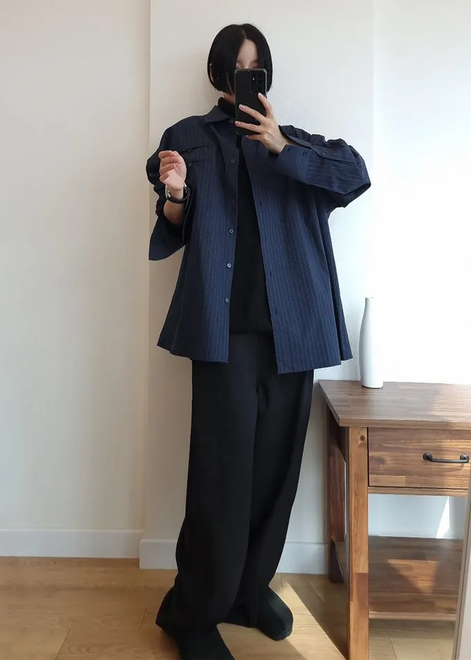 Women The Frankie Shop Tops Conrad Button Up Shirt Navy Pinstripe