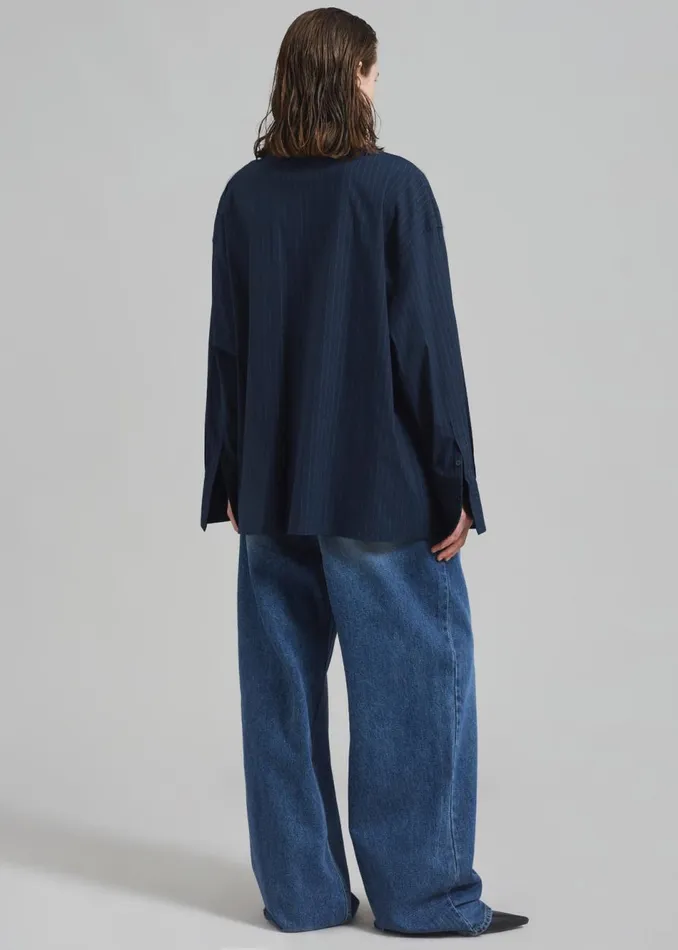 Women The Frankie Shop Tops Conrad Button Up Shirt Navy Pinstripe