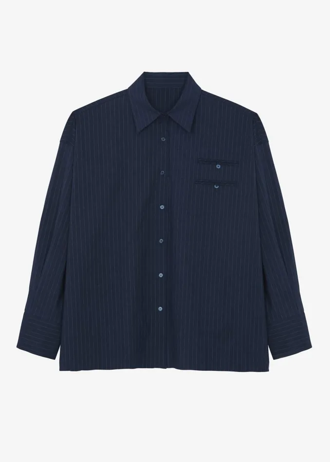 Women The Frankie Shop Tops Conrad Button Up Shirt Navy Pinstripe