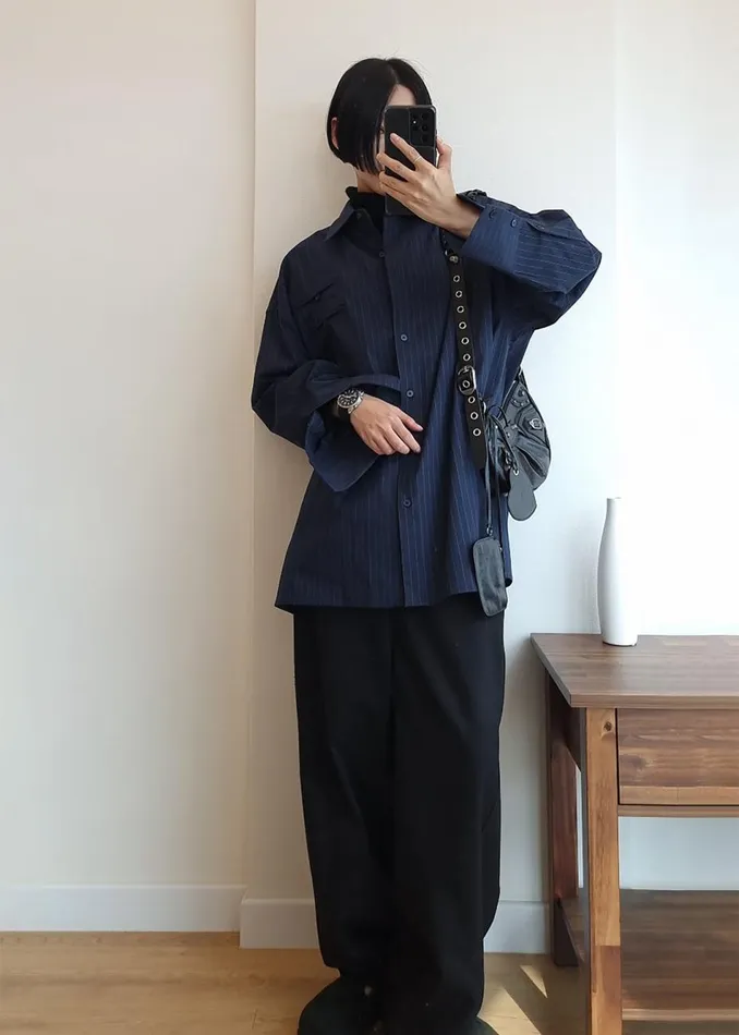 Women The Frankie Shop Tops Conrad Button Up Shirt Navy Pinstripe