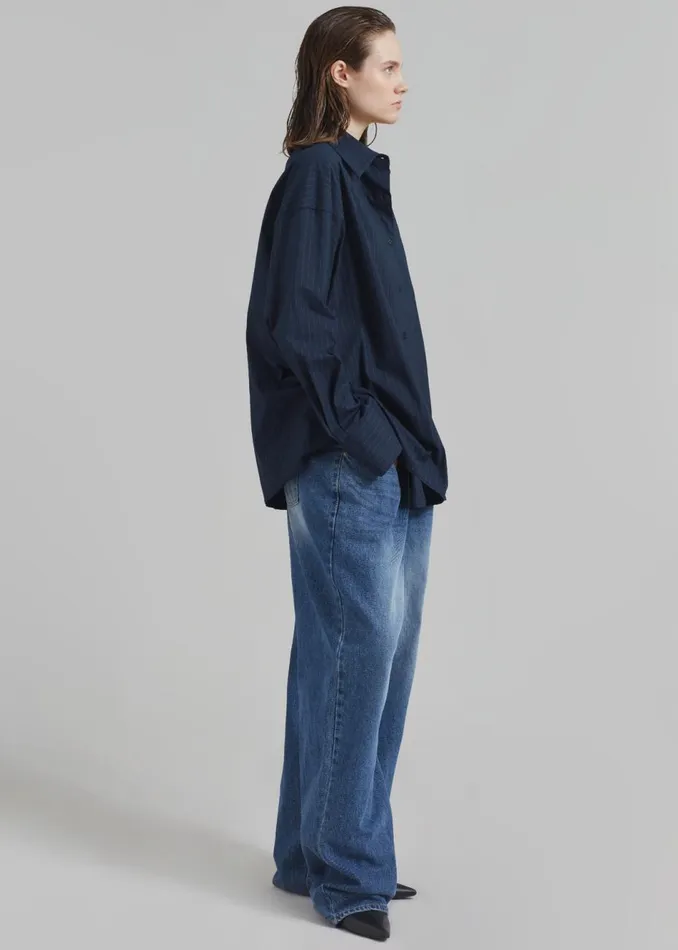 Women The Frankie Shop Tops Conrad Button Up Shirt Navy Pinstripe