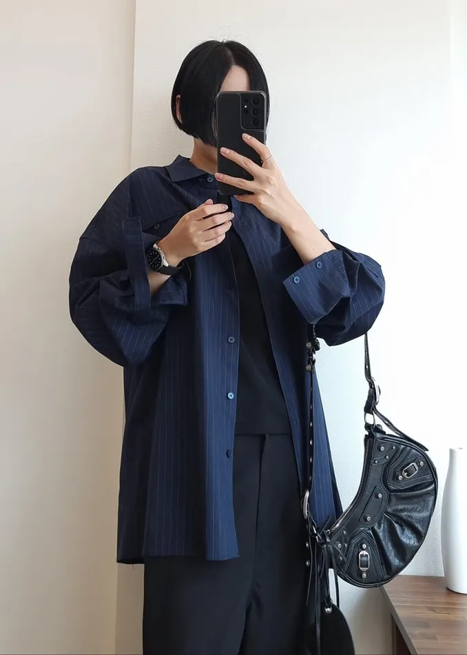 Women The Frankie Shop Tops Conrad Button Up Shirt Navy Pinstripe