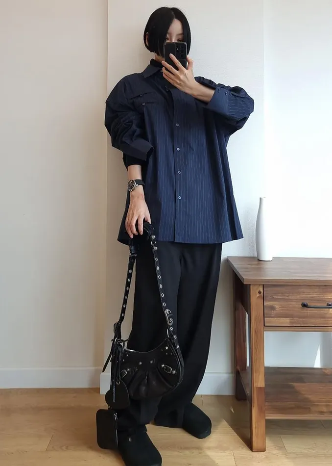 Women The Frankie Shop Tops Conrad Button Up Shirt Navy Pinstripe