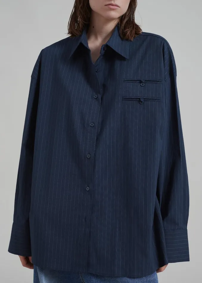 Women The Frankie Shop Tops Conrad Button Up Shirt Navy Pinstripe
