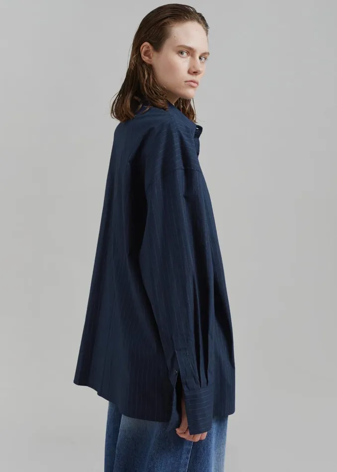 Women The Frankie Shop Tops Conrad Button Up Shirt Navy Pinstripe