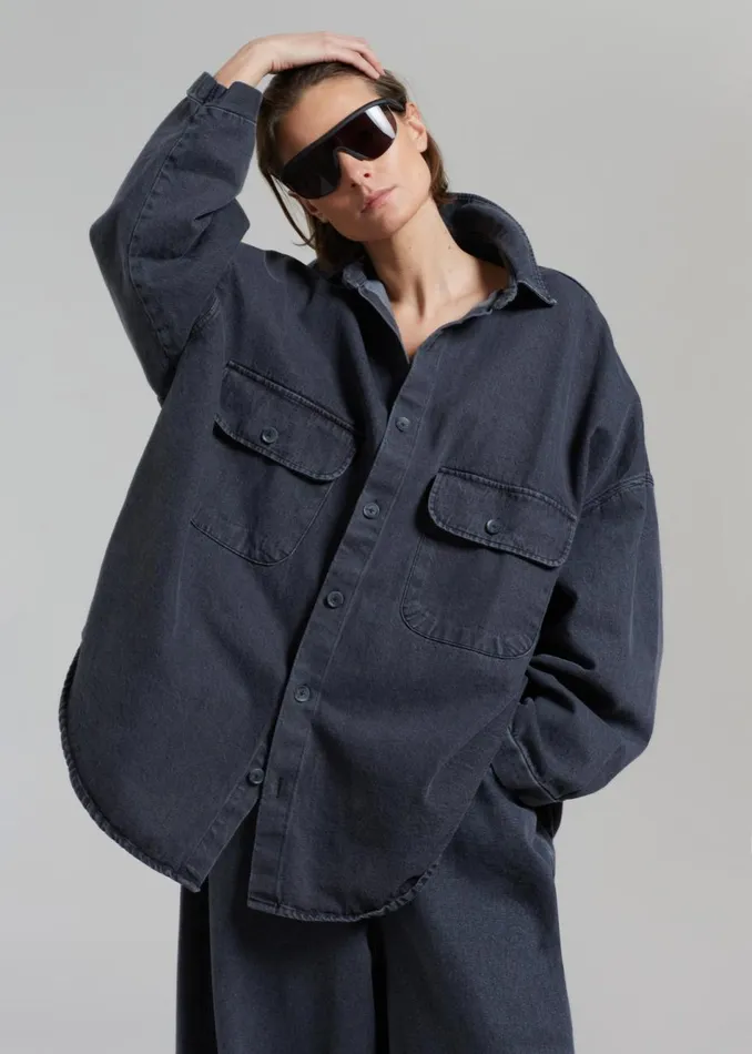Women The Frankie Shop Tops Dallas Denim Overshirt Dark Grey