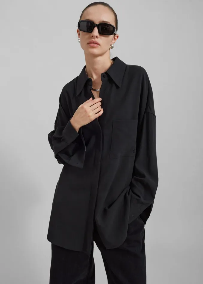 Women The Frankie Shop Tops Della Midweight Button Up Shirt Black
