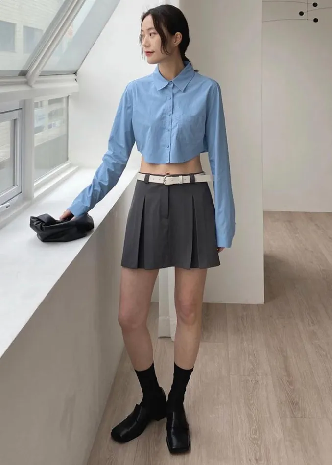 Women The Frankie Shop Tops Eiko Cropped Shirt Blue