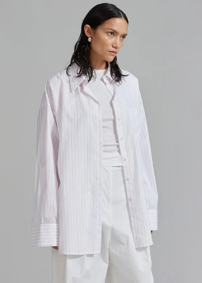 Women The Frankie Shop Tops Erin Roll Up Shirt Pink Stripe