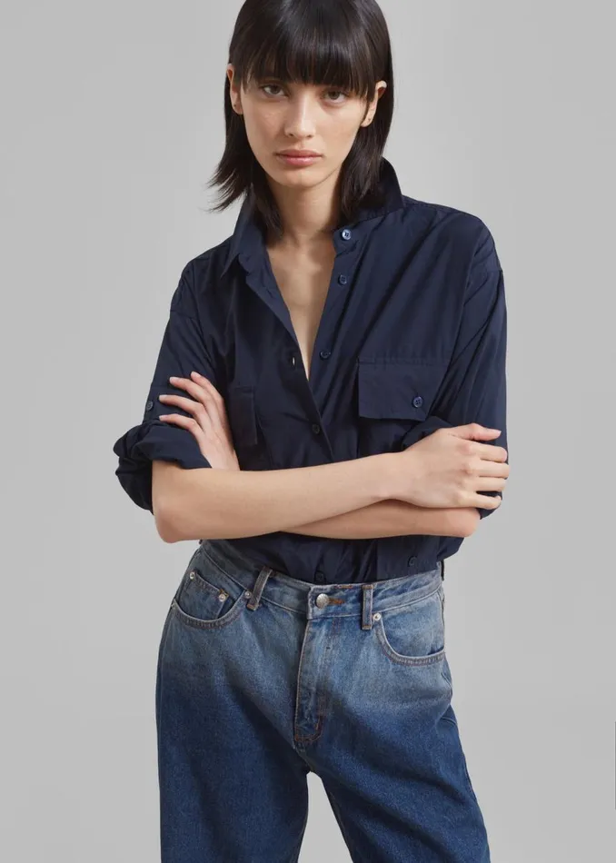 Women The Frankie Shop Tops Jana Cargo Button Up Shirt Navy