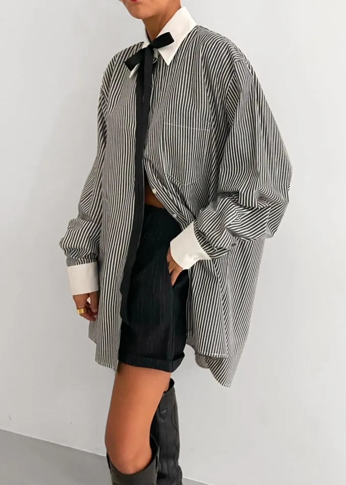 Women The Frankie Shop Tops Jany TieNeck Shirt Black Stripe