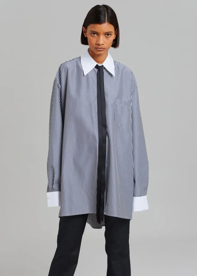 Women The Frankie Shop Tops Jany TieNeck Shirt Black Stripe
