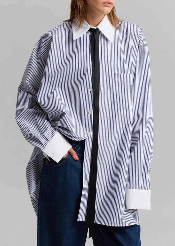 Women The Frankie Shop Tops Jany TieNeck Shirt Blue Stripe
