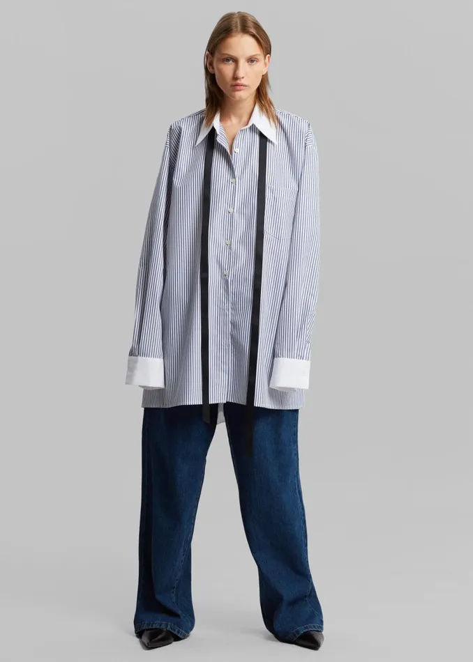 Women The Frankie Shop Tops Jany TieNeck Shirt Blue Stripe