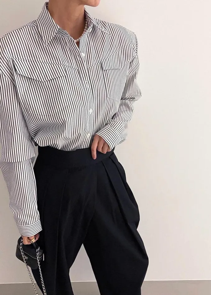 Women The Frankie Shop Tops Jeanne Padded Shirt Black Stripe