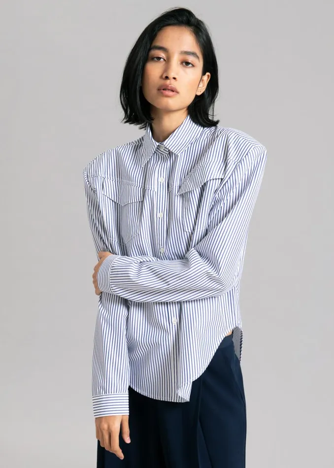 Women The Frankie Shop Tops Jeanne Padded Shirt Navy Stripe