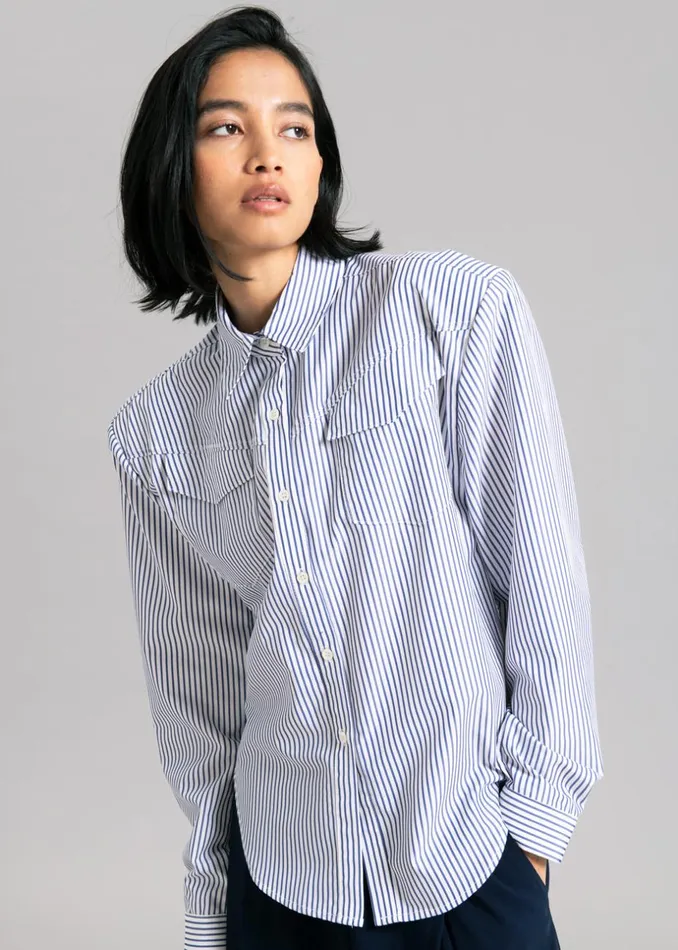 Women The Frankie Shop Tops Jeanne Padded Shirt Navy Stripe