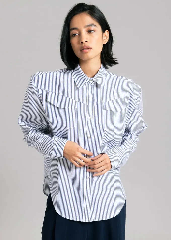 Women The Frankie Shop Tops Jeanne Padded Shirt Navy Stripe
