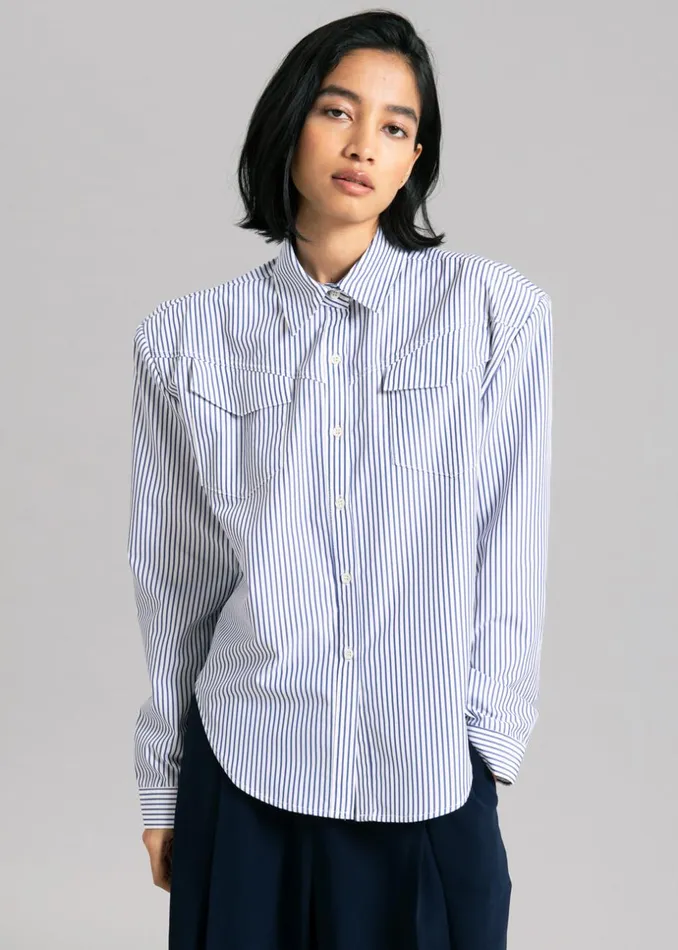 Women The Frankie Shop Tops Jeanne Padded Shirt Navy Stripe