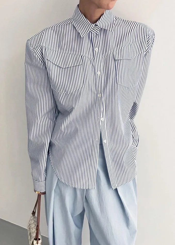 Women The Frankie Shop Tops Jeanne Padded Shirt Navy Stripe