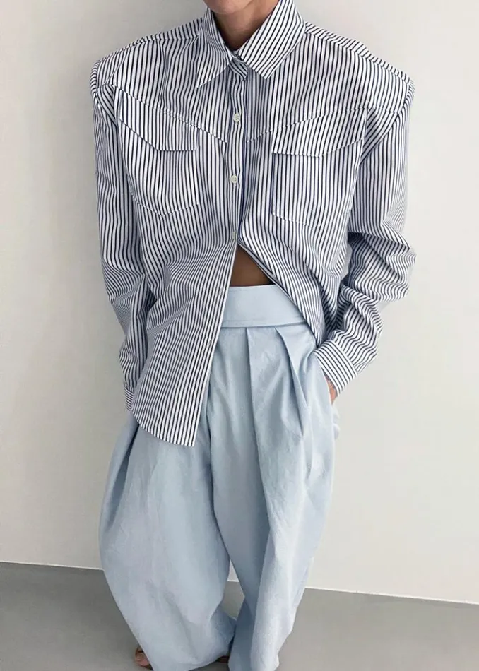 Women The Frankie Shop Tops Jeanne Padded Shirt Navy Stripe