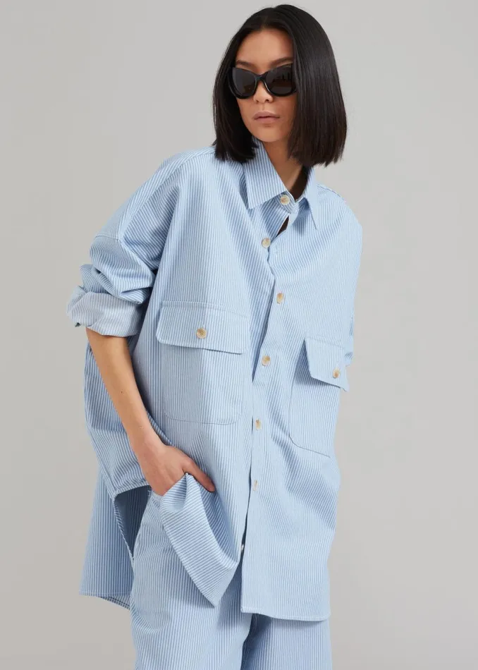 Women The Frankie Shop Tops Kaline Light Blue Pocket Shirt White Stripe