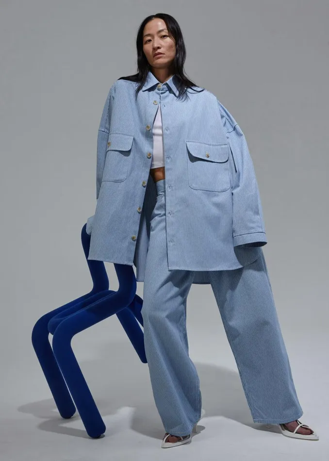 Women The Frankie Shop Tops Kaline Light Blue Pocket Shirt White Stripe
