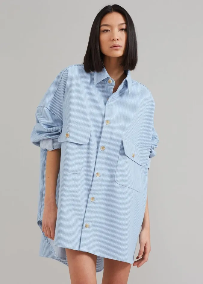 Women The Frankie Shop Tops Kaline Light Blue Pocket Shirt White Stripe