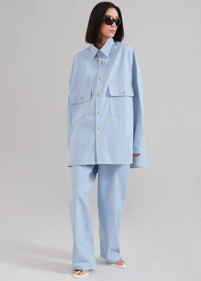 Women The Frankie Shop Tops Kaline Light Blue Pocket Shirt White Stripe