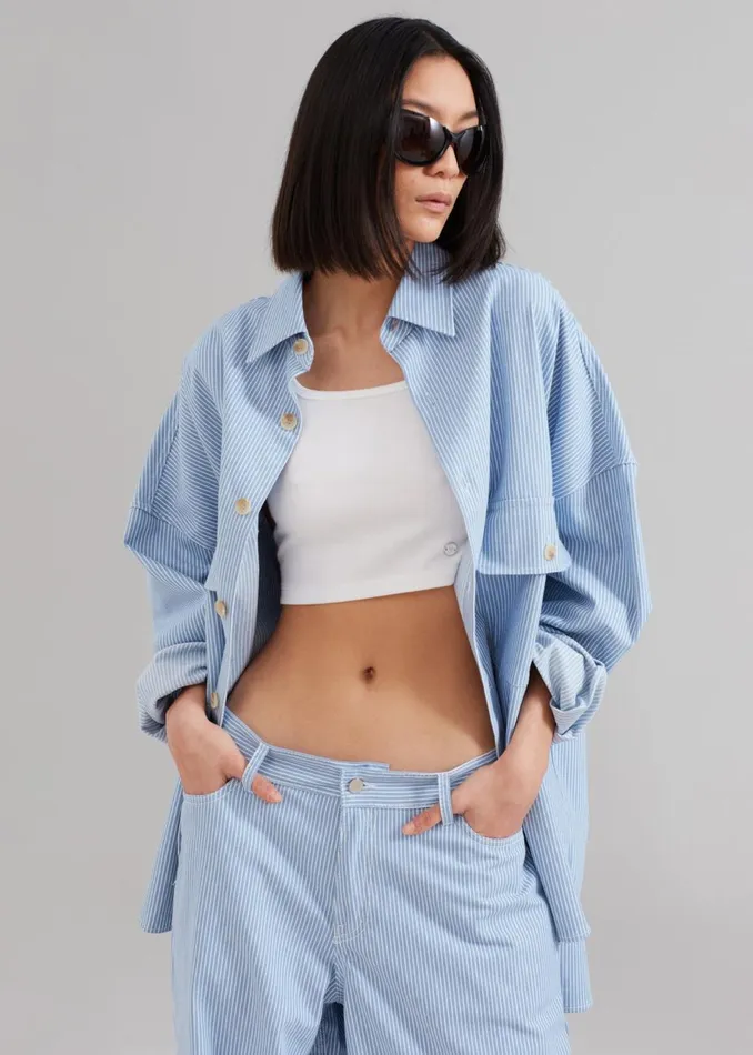 Women The Frankie Shop Tops Kaline Light Blue Pocket Shirt White Stripe