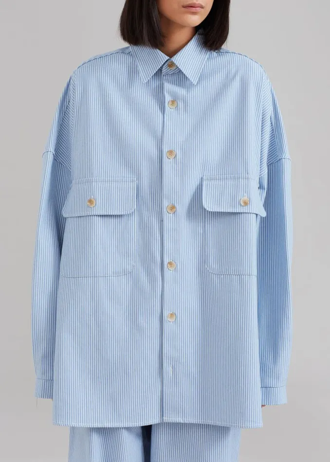 Women The Frankie Shop Tops Kaline Light Blue Pocket Shirt White Stripe