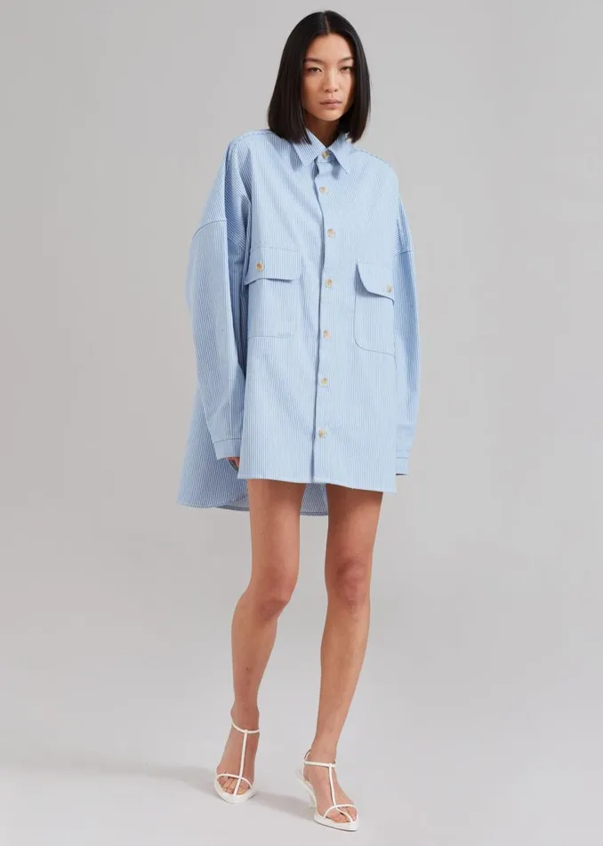 Women The Frankie Shop Tops Kaline Light Blue Pocket Shirt White Stripe