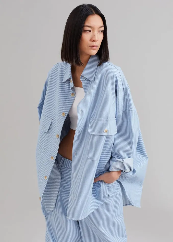 Women The Frankie Shop Tops Kaline Light Blue Pocket Shirt White Stripe