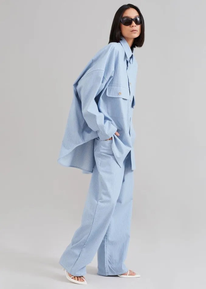 Women The Frankie Shop Tops Kaline Light Blue Pocket Shirt White Stripe