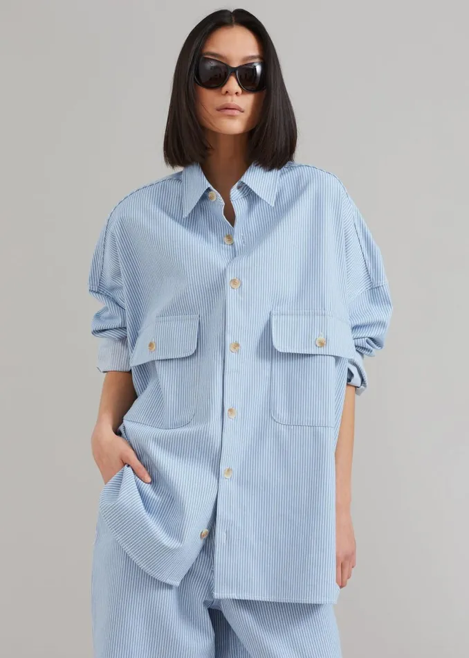 Women The Frankie Shop Tops Kaline Light Blue Pocket Shirt White Stripe