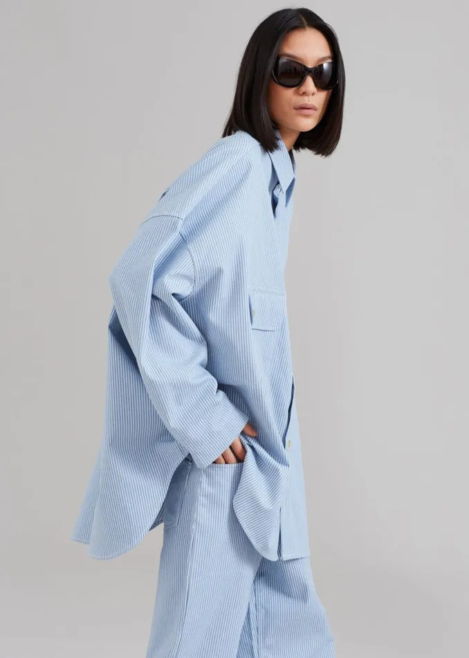 Women The Frankie Shop Tops Kaline Light Blue Pocket Shirt White Stripe