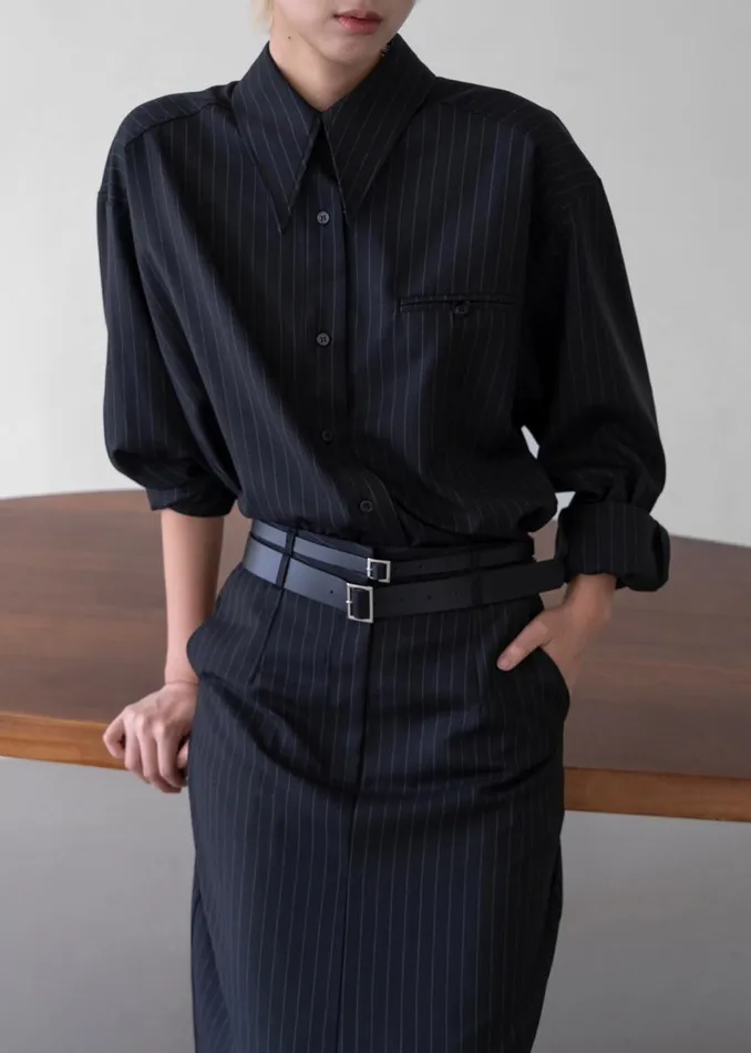 Women The Frankie Shop Tops Kerry Button Up Shirt Black Pinstripe