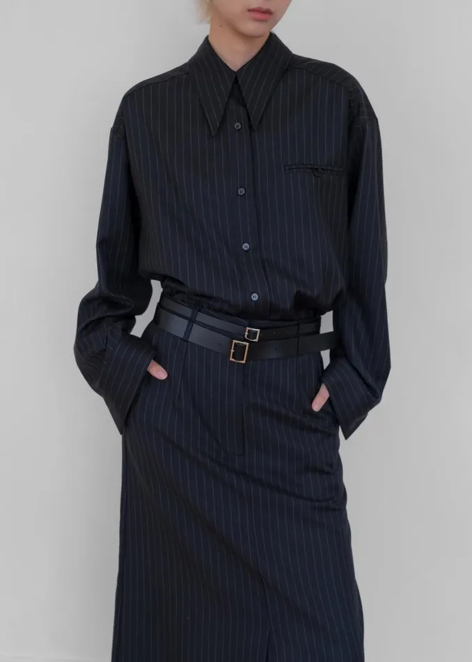 Women The Frankie Shop Tops Kerry Button Up Shirt Black Pinstripe