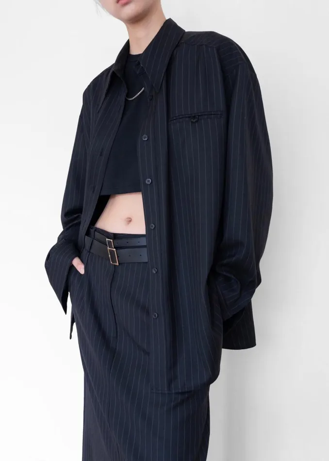 Women The Frankie Shop Tops Kerry Button Up Shirt Black Pinstripe