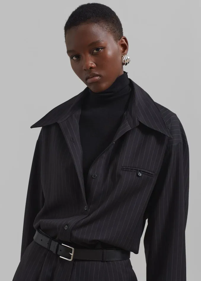 Women The Frankie Shop Tops Kerry Button Up Shirt Black Pinstripe