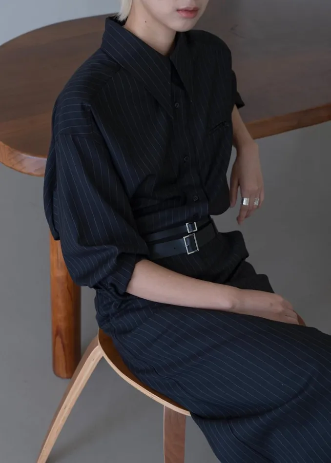 Women The Frankie Shop Tops Kerry Button Up Shirt Black Pinstripe